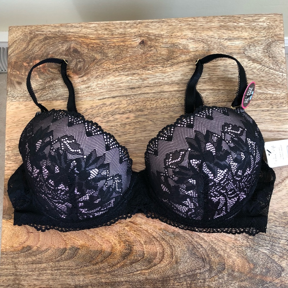 Rene Rofe Black Lace over pink 34C push up bra